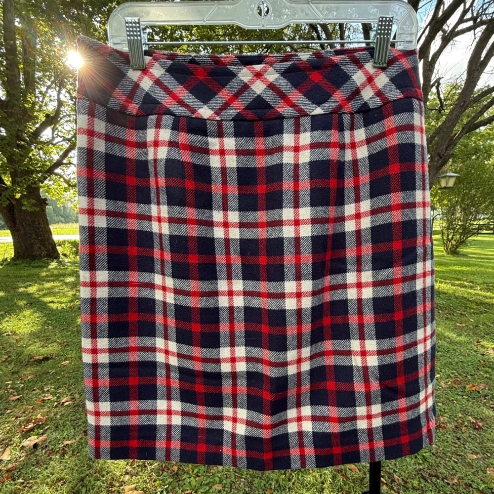 Talbots Womens Navy Red Tartan Plaid Wool Blend Straight Skirt Size 8 Lined 90s - Picture 2 of 8